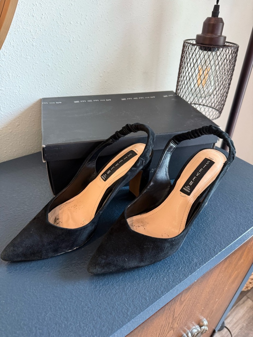 Valerie Stevens Black Suede Pointed-Toe Slingback Heels